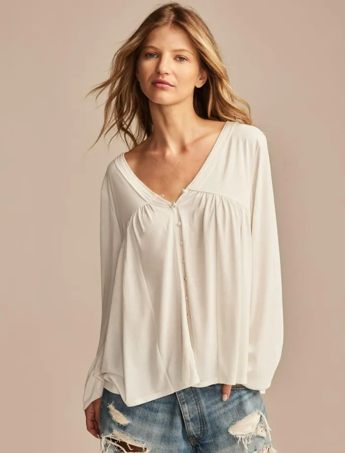 Lucky Brand Knit Tops Women Sandwash Button Front Blouse Cream