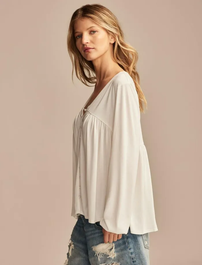 Lucky Brand Knit Tops Women Sandwash Button Front Blouse Cream