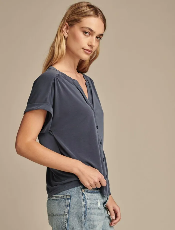 Lucky Brand Knit Tops Women Sandwash Button Front Top Blue Nights