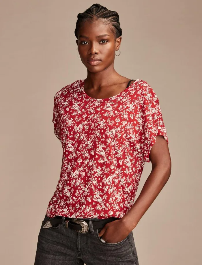 Lucky Brand Knit Tops Women Short Sleeve Sandwash Dolman Tee Red Floral