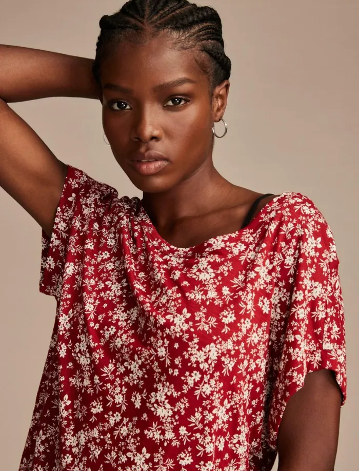 Lucky Brand Knit Tops Women Short Sleeve Sandwash Dolman Tee Red Floral