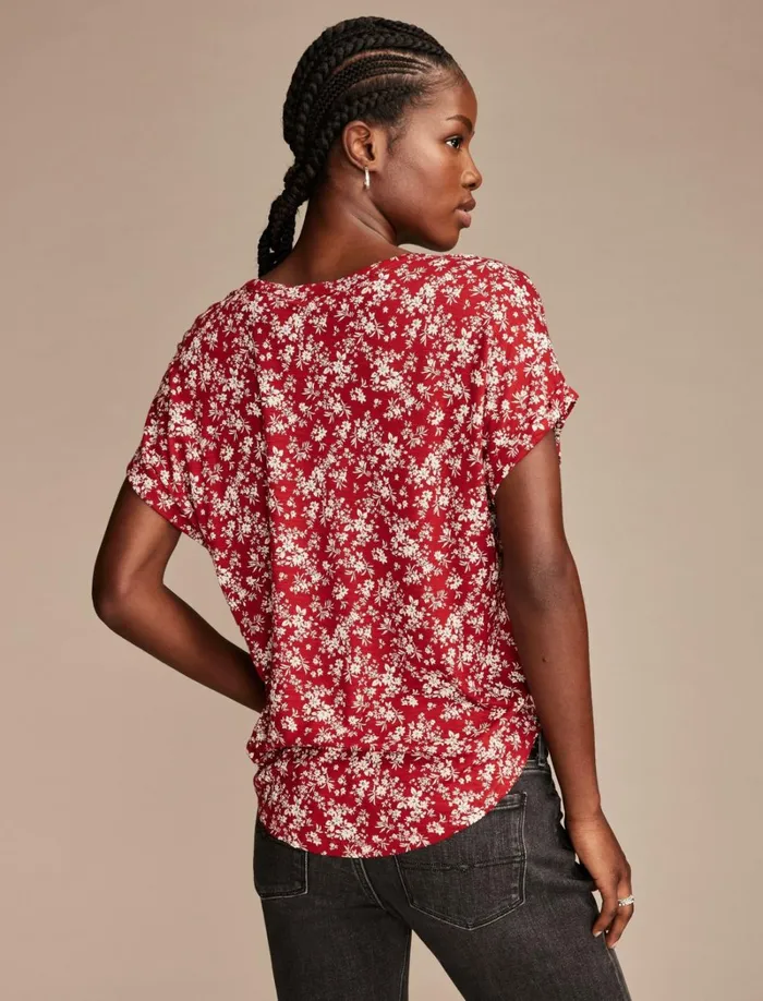 Lucky Brand Knit Tops Women Short Sleeve Sandwash Dolman Tee Red Floral