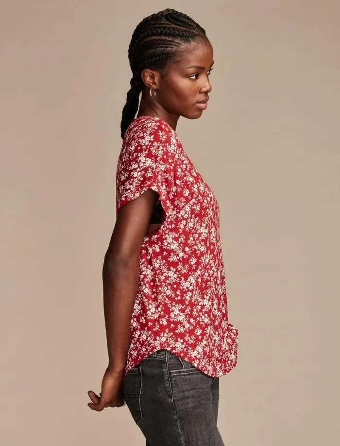 Lucky Brand Knit Tops Women Short Sleeve Sandwash Dolman Tee Red Floral