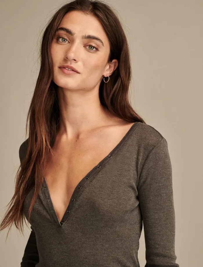 Lucky Brand Knit Tops Women Snap Henley Jet Black