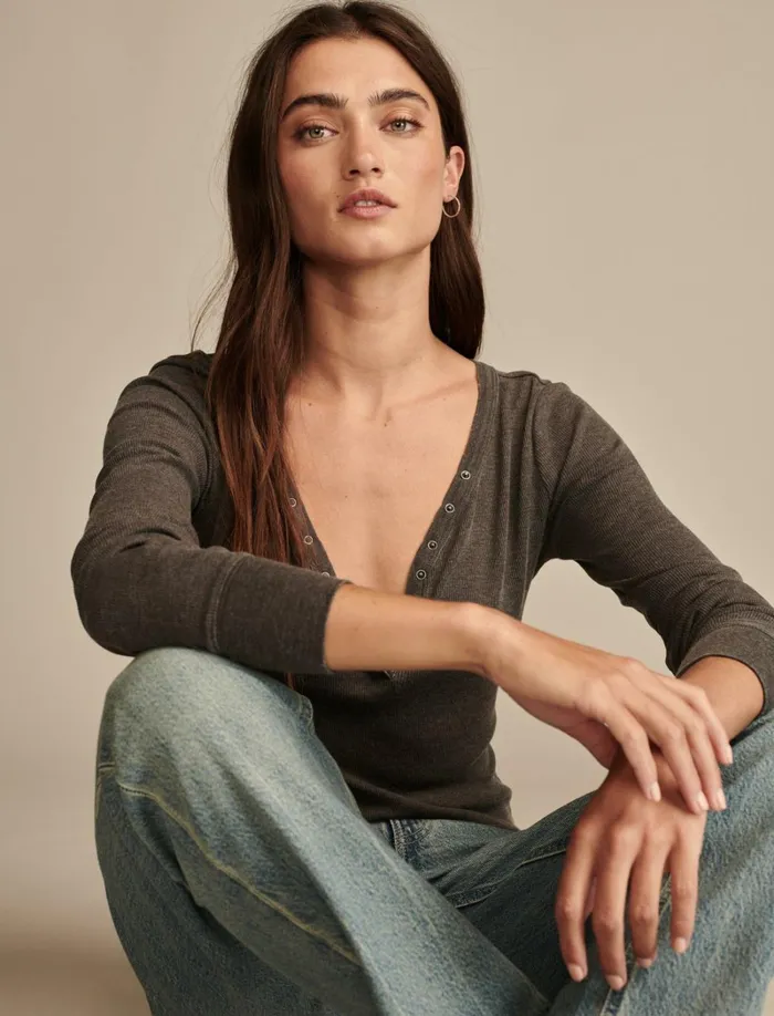 Lucky Brand Knit Tops Women Snap Henley Jet Black