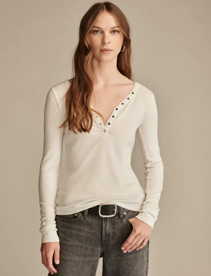 Lucky Brand Knit Tops Women Snap Henley Tofu