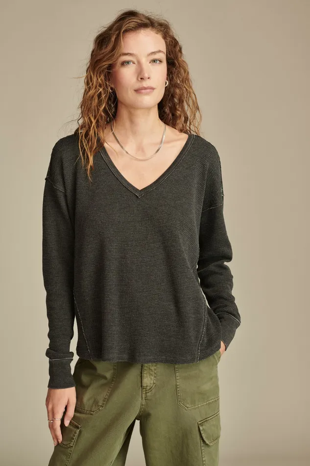 Lucky Brand Knit Tops Women V Neck Long Sleeve Top Jet Black
