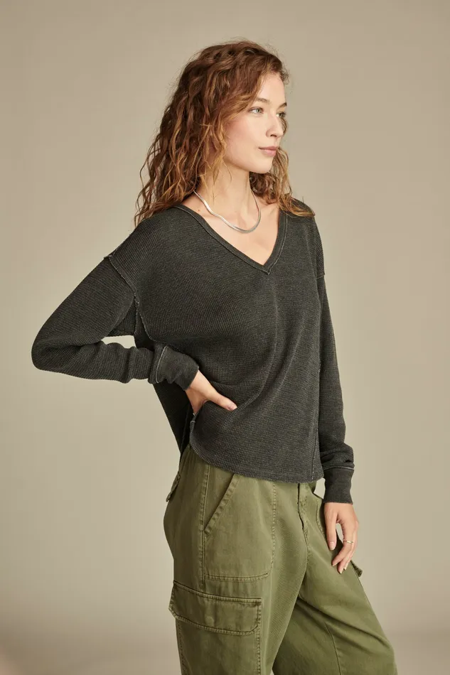 Lucky Brand Knit Tops Women V Neck Long Sleeve Top Jet Black