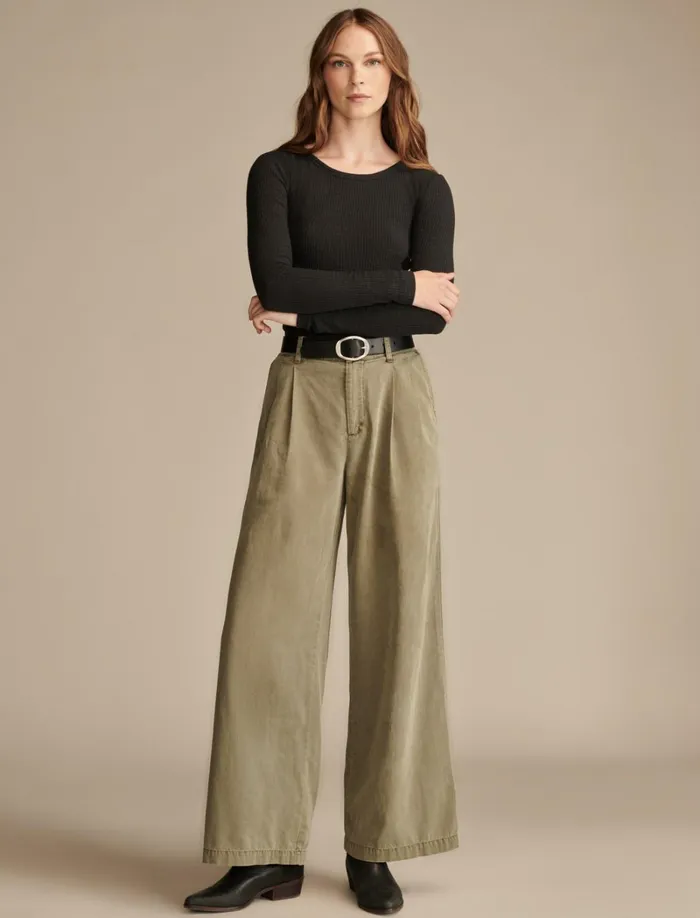 Lucky Brand Pants Women Classic Wide Leg Pleated Pant Dusty Olive