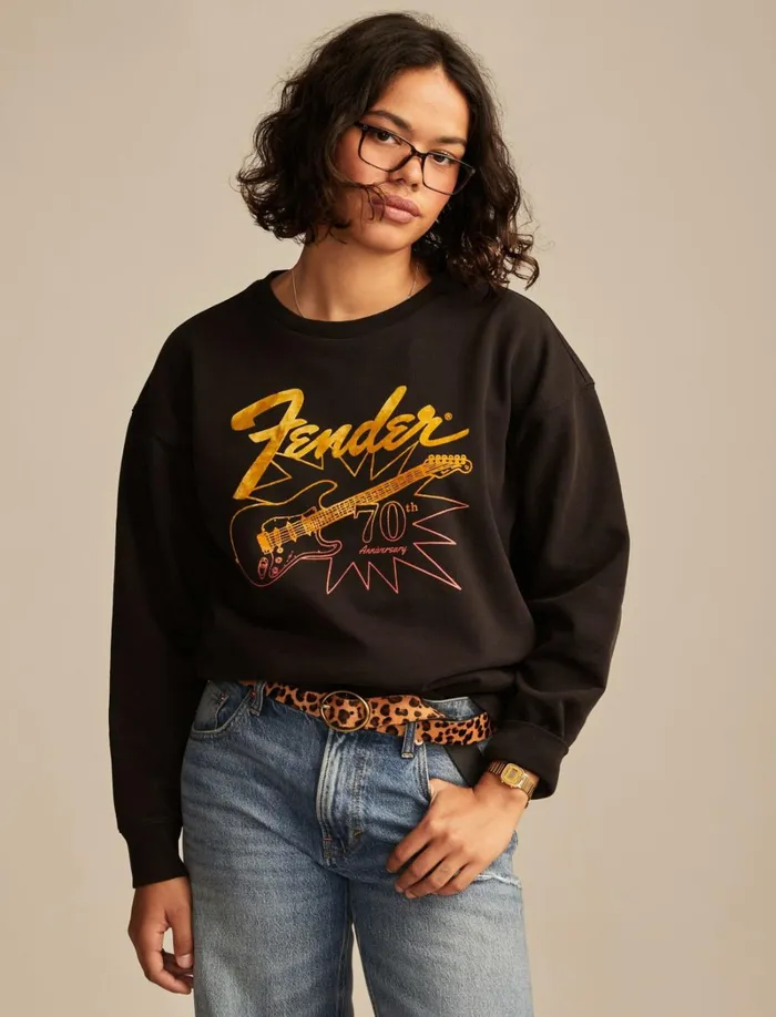 Lucky Brand Sweaters and Sweatshirts Women Fender 70th Anniversary Crew Fleece Jet Black