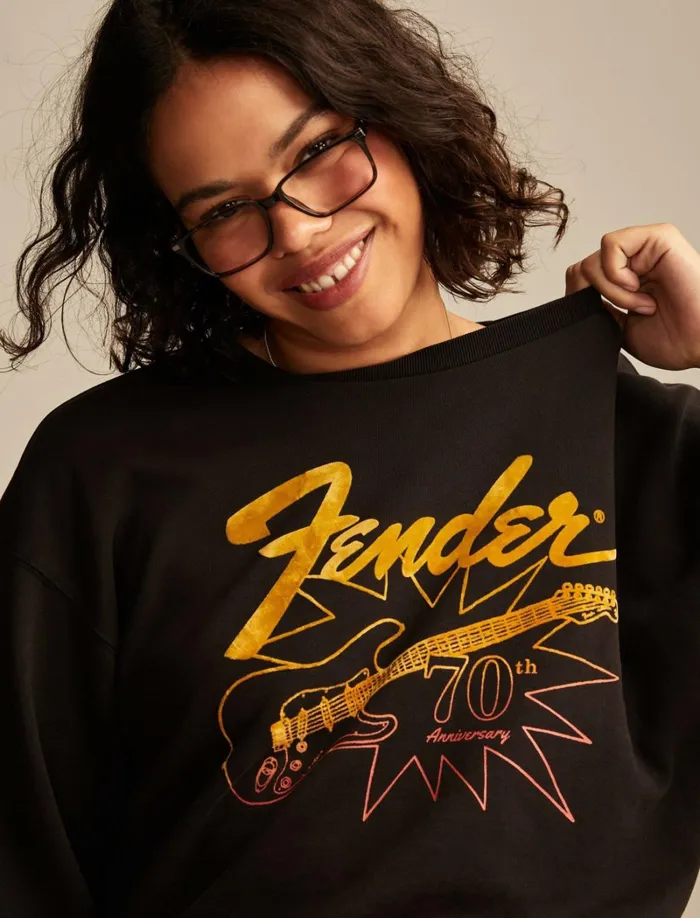 Lucky Brand Sweaters and Sweatshirts Women Fender 70th Anniversary Crew Fleece Jet Black
