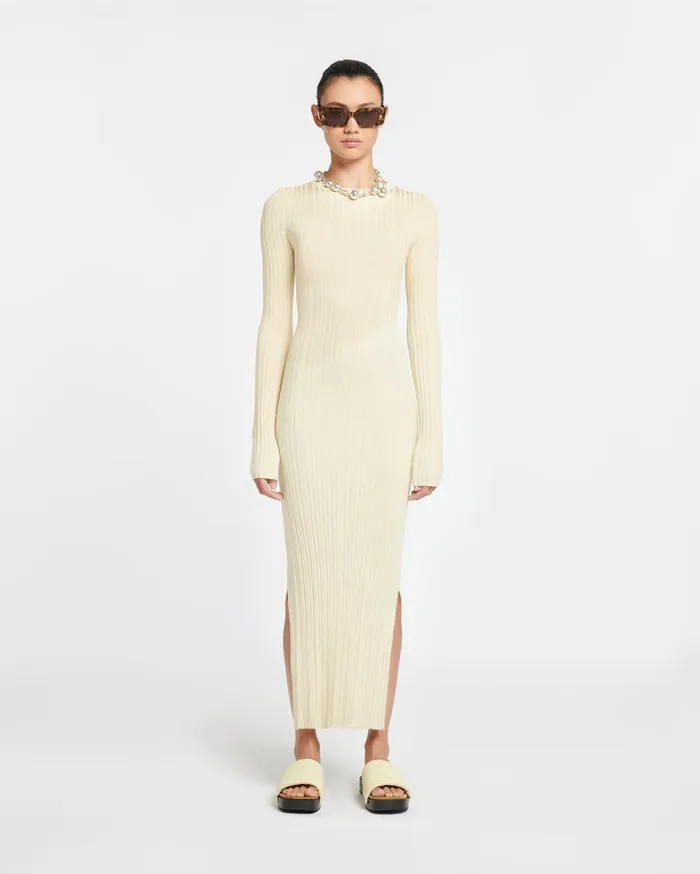 Maeron Ribbed Merino Wool Dress Lime YellowCreme Women Nanushka Knitwear