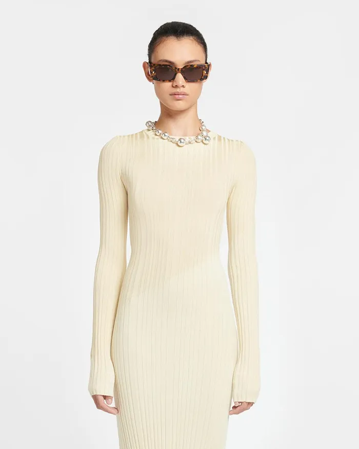 Maeron Ribbed Merino Wool Dress Lime YellowCreme Women Nanushka Knitwear