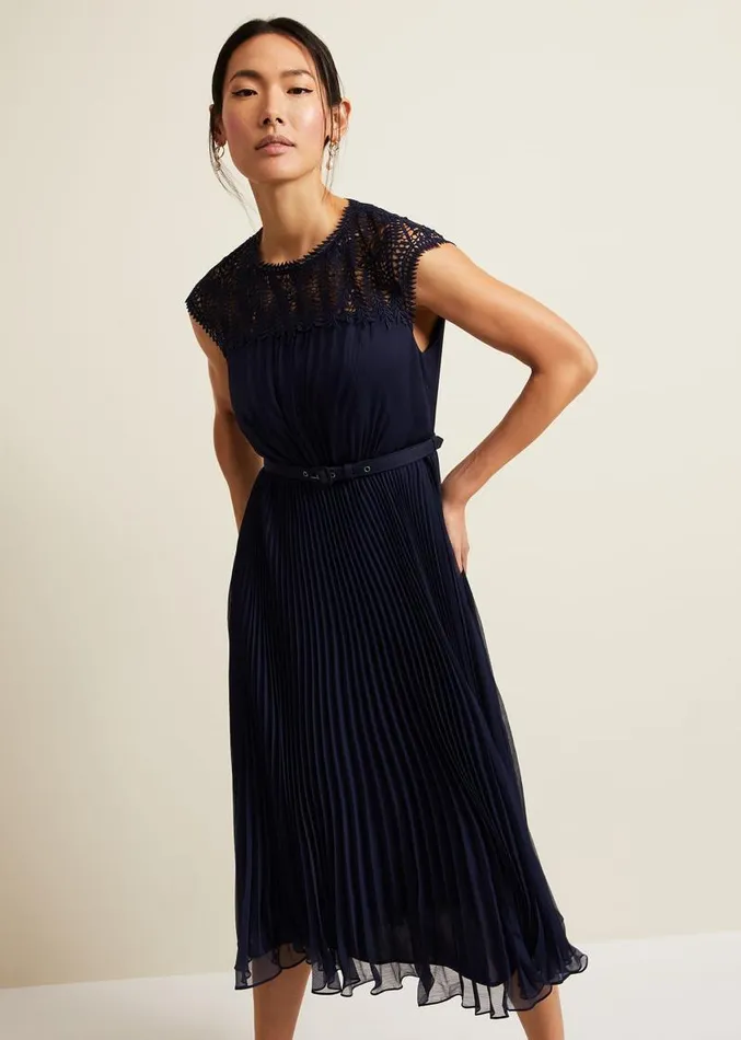 Makaela Pleat Embroidered Dress Navy Women Phase Eight Dresses