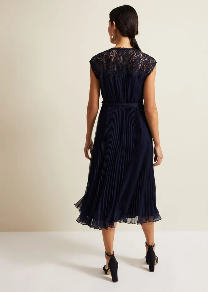 Makaela Pleat Embroidered Dress Navy Women Phase Eight Dresses