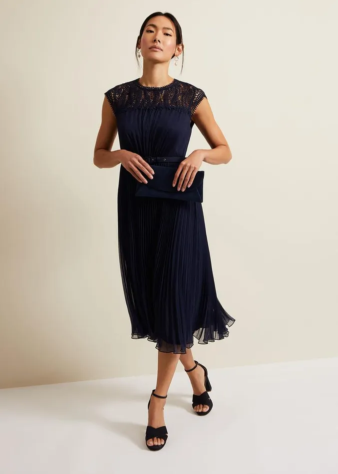 Makaela Pleat Embroidered Dress Navy Women Phase Eight Dresses