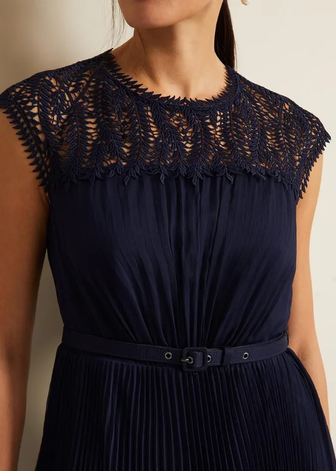Makaela Pleat Embroidered Dress Navy Women Phase Eight Dresses