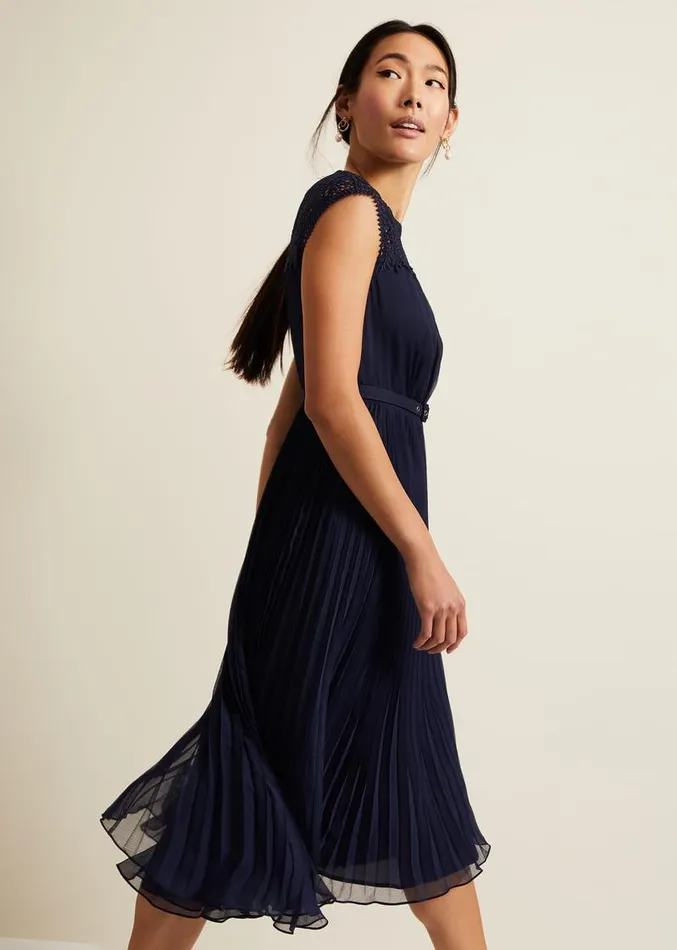 Makaela Pleat Embroidered Dress Navy Women Phase Eight Dresses
