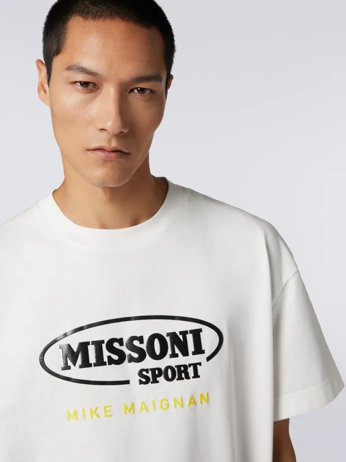 Men CrewNeck Cotton TShirt With Logo In Collaboration With Mike Maignan White Missoni Polos and Tshirts