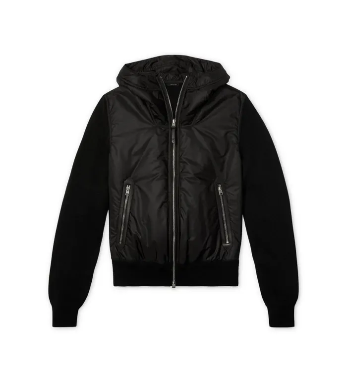 Men Knitwear Tom Ford Nylon Front Merino Hood Zip Through Black