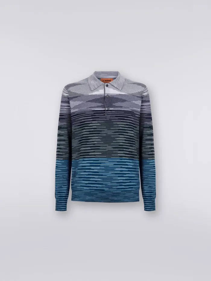 Men LongSleeved Polo Shirt In Slub Wool Multicoloured Missoni Polos and Tshirts