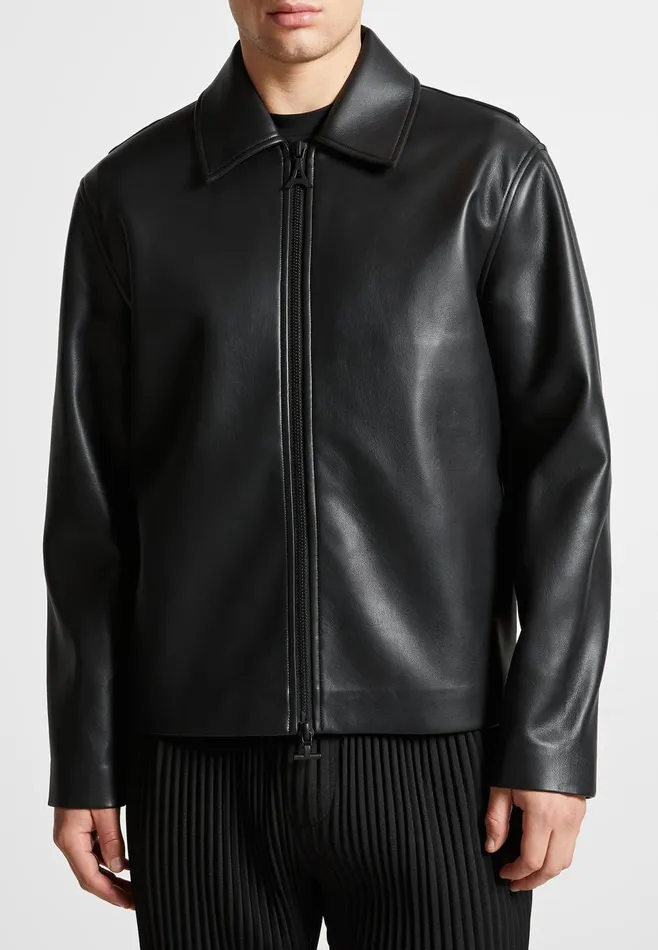 Men Manire De Voir Leather Minimal Boxy Jacket Black