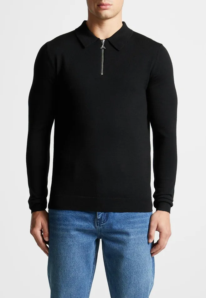 Men Manire De Voir Merino Wool Long Sleeve Polo Top With Zip Black