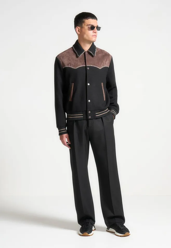 Men Manire De Voir Suede And Wool Whipstitch Varsity Jacket Blackbrown