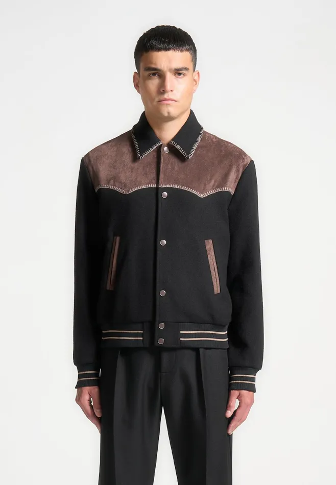 Men Manire De Voir Suede And Wool Whipstitch Varsity Jacket Blackbrown