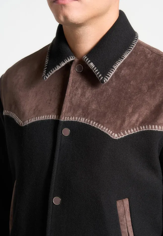 Men Manire De Voir Suede And Wool Whipstitch Varsity Jacket Blackbrown