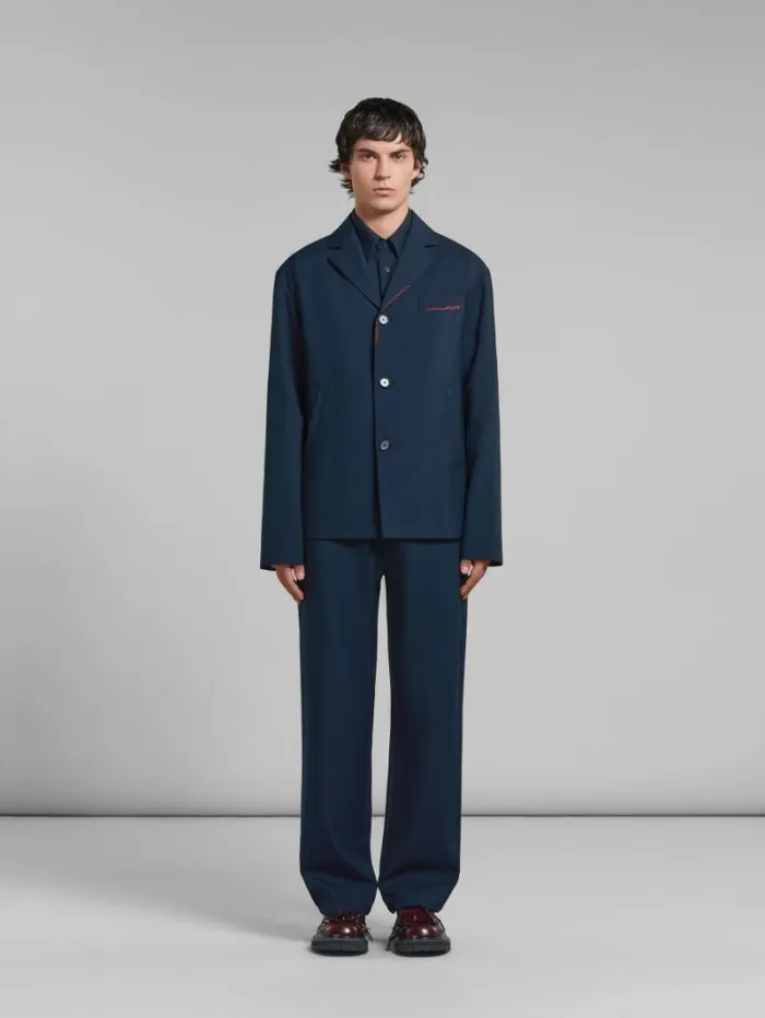Men Marni Coats and Jackets Deep Blue Tropical Wool Blazer With Marni Mending