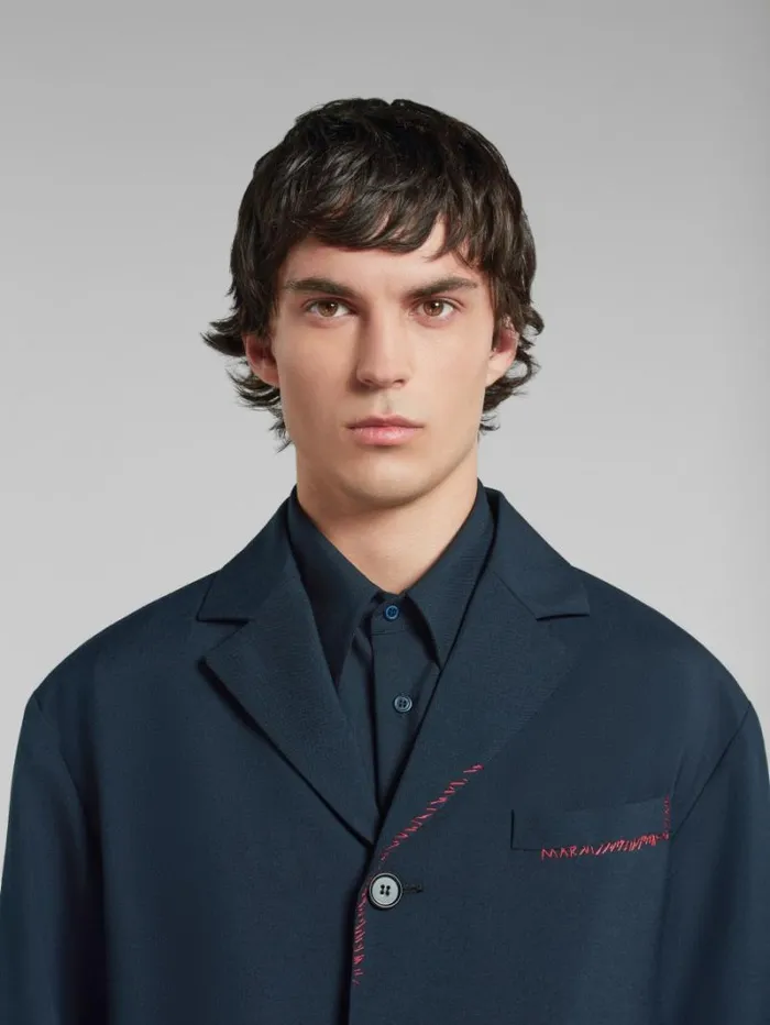 Men Marni Coats and Jackets Deep Blue Tropical Wool Blazer With Marni Mending