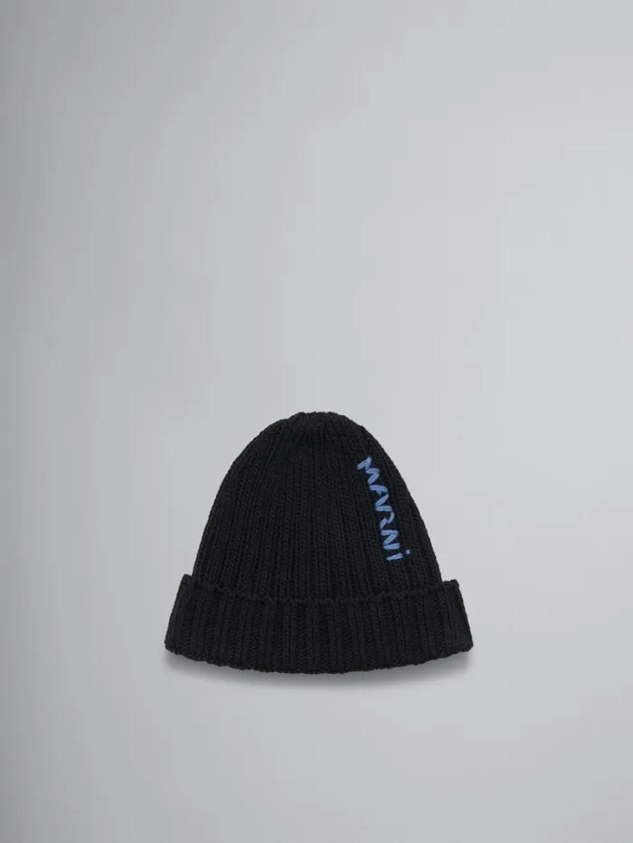Men Marni Hats Black Cotton Beret With Embroidered Marni Logo