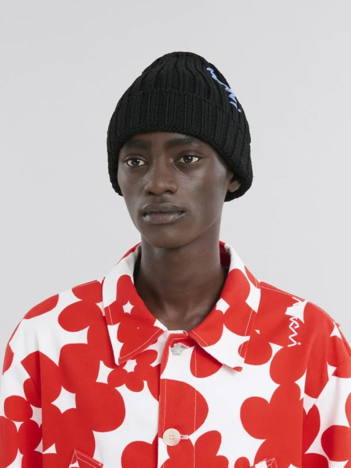 Men Marni Hats Black Cotton Beret With Embroidered Marni Logo