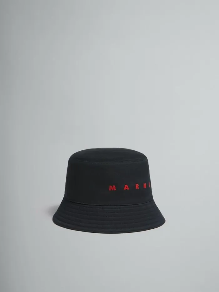 Men Marni Hats Black Organic Gabardine Bucket Hat With Embroidered Logo