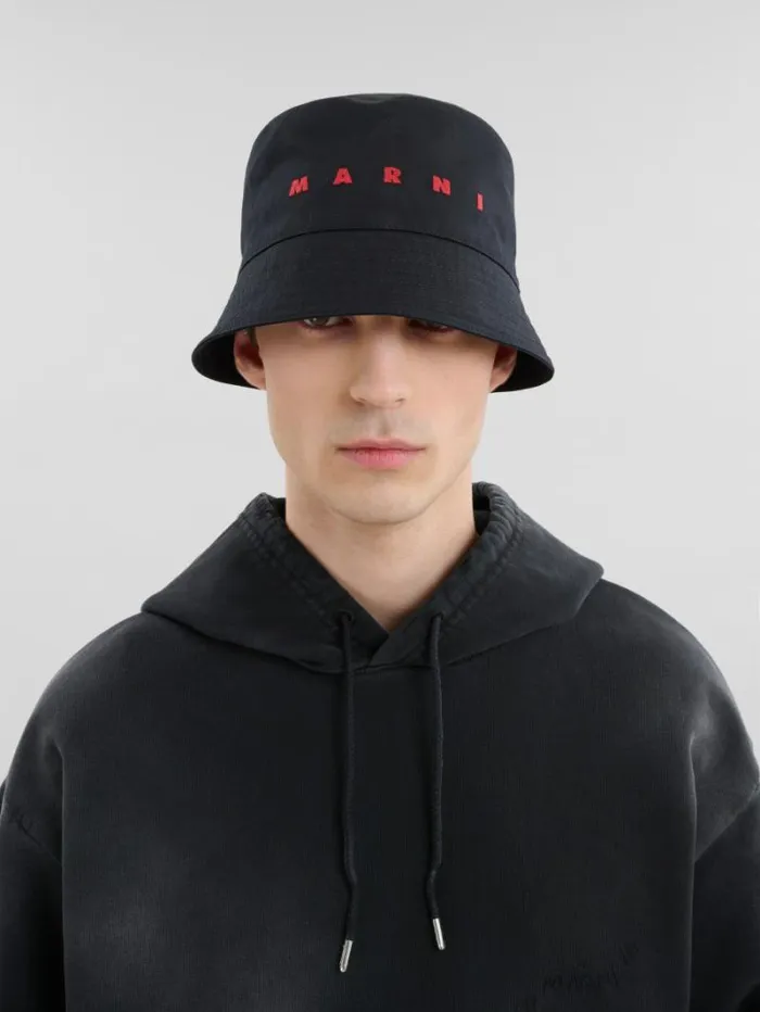 Men Marni Hats Black Organic Gabardine Bucket Hat With Embroidered Logo