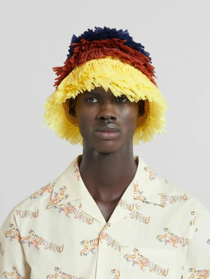 Men Marni Hats Blue Brown And Yellow RaffiaEffect Bucket Hat