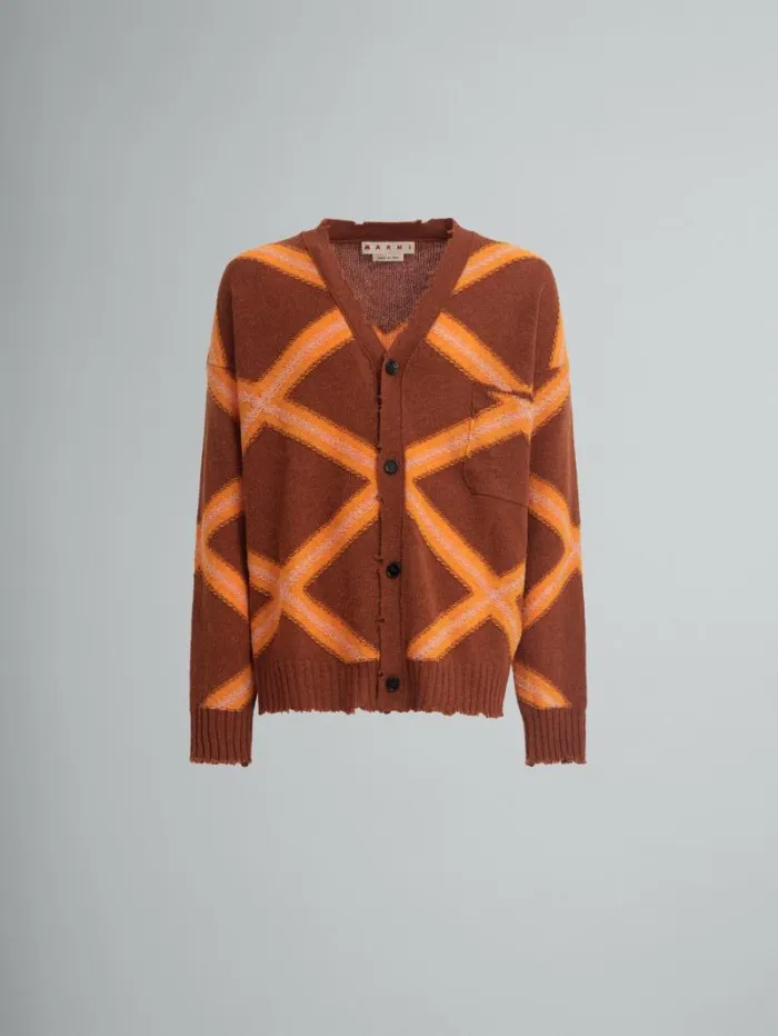 Men Marni Knitwear Brown Broken Wool Cardigan With Argyle Motif