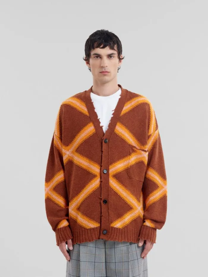 Men Marni Knitwear Brown Broken Wool Cardigan With Argyle Motif