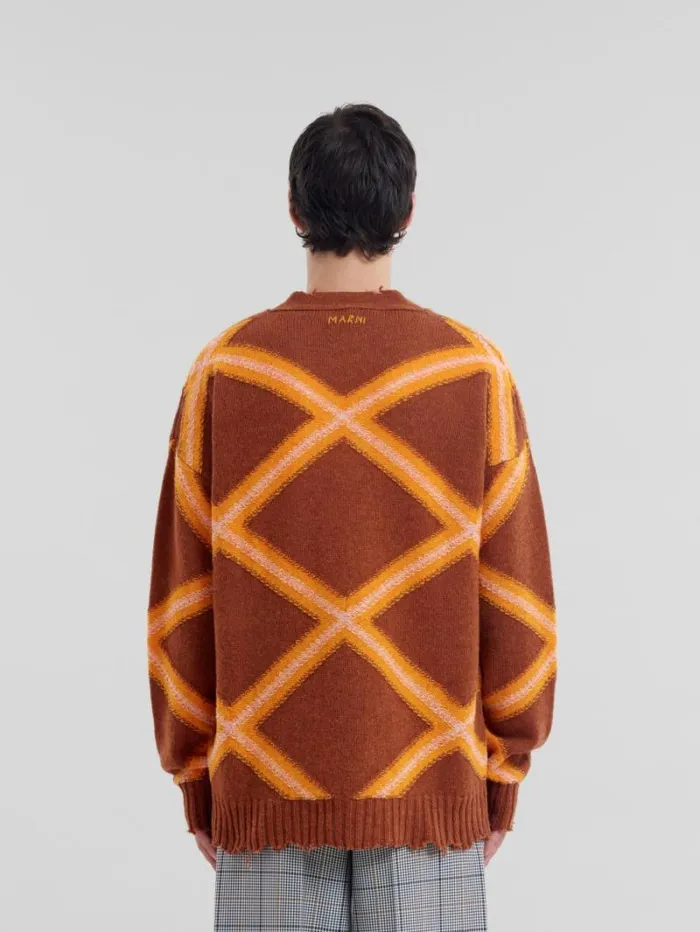 Men Marni Knitwear Brown Broken Wool Cardigan With Argyle Motif