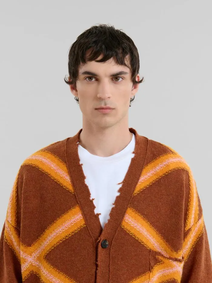 Men Marni Knitwear Brown Broken Wool Cardigan With Argyle Motif