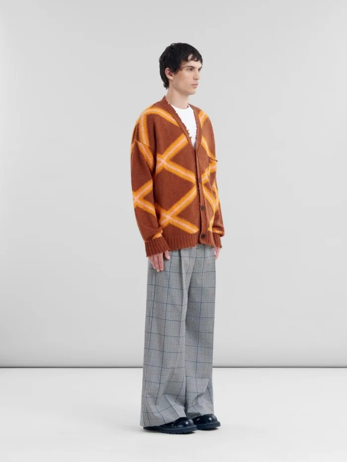 Men Marni Knitwear Brown Broken Wool Cardigan With Argyle Motif