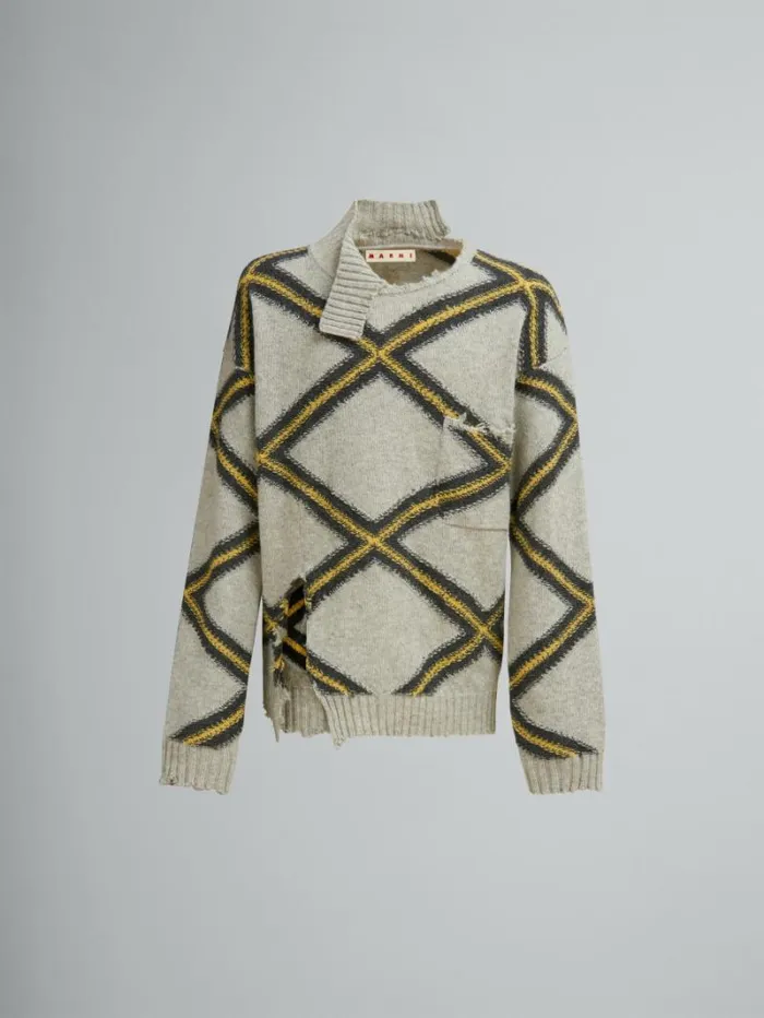 Men Marni Knitwear Grey Broken Wool Jumper With Argyle Motif