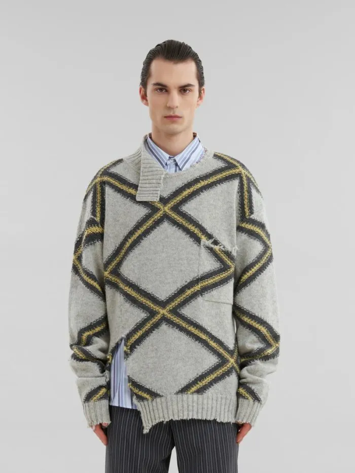 Men Marni Knitwear Grey Broken Wool Jumper With Argyle Motif