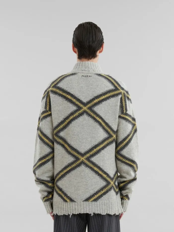 Men Marni Knitwear Grey Broken Wool Jumper With Argyle Motif