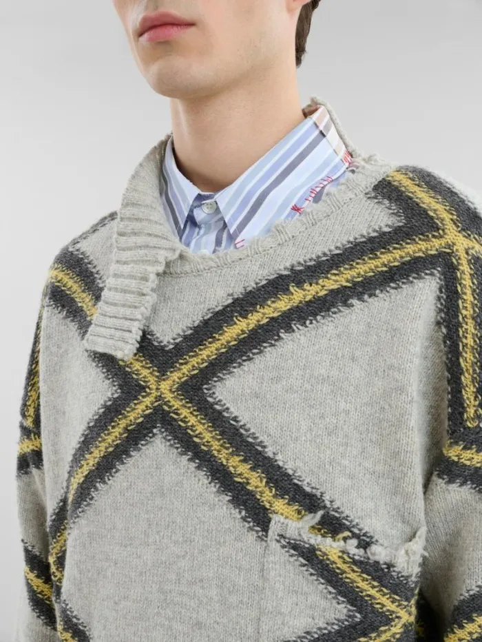 Men Marni Knitwear Grey Broken Wool Jumper With Argyle Motif