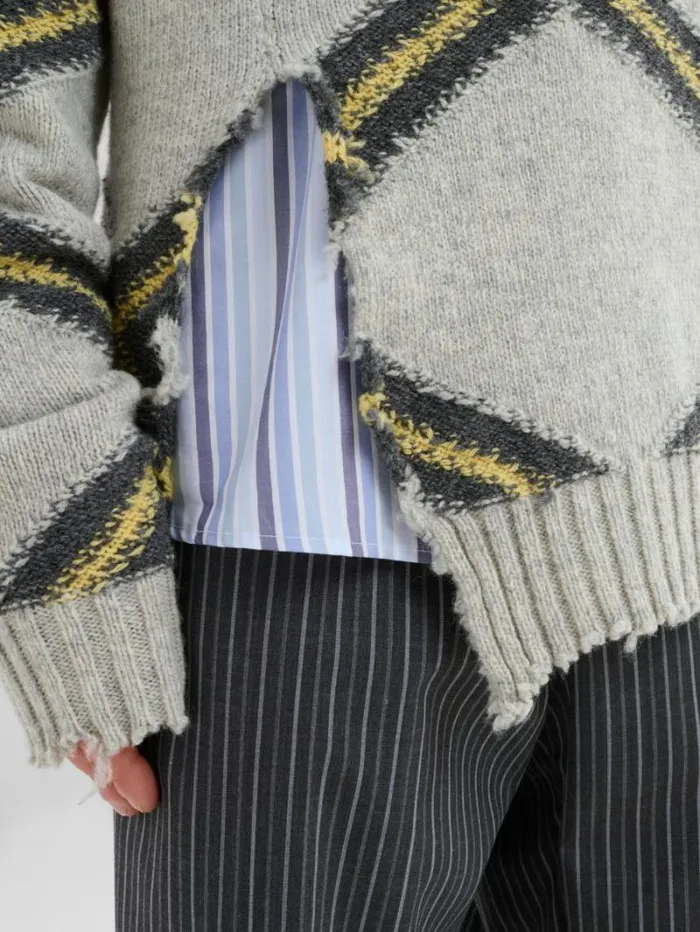 Men Marni Knitwear Grey Broken Wool Jumper With Argyle Motif