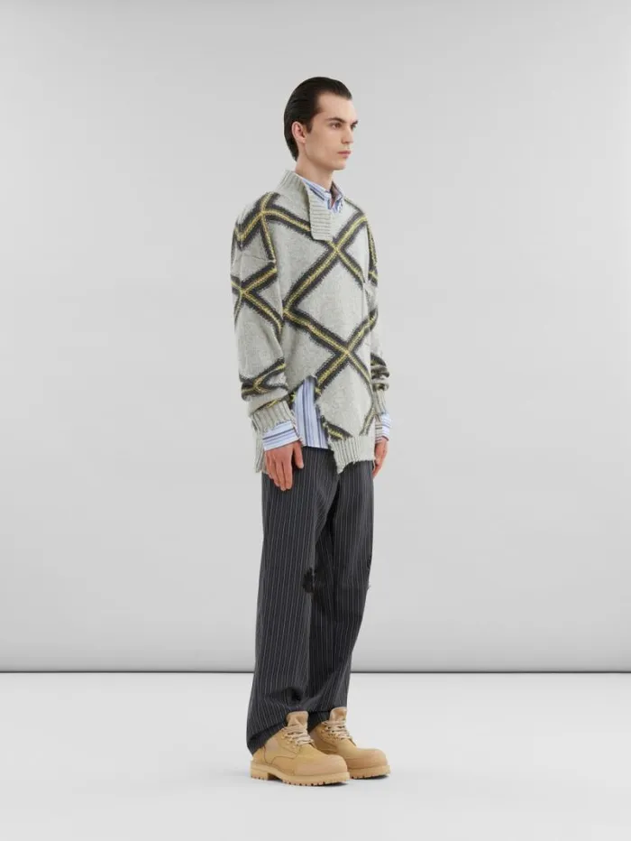Men Marni Knitwear Grey Broken Wool Jumper With Argyle Motif