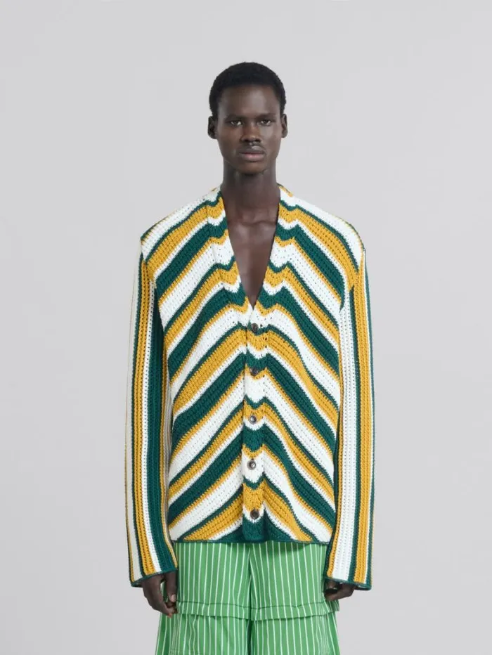 Men Marni Knitwear Teal And Yellow Crochet Cardigan With Chevron Pattern