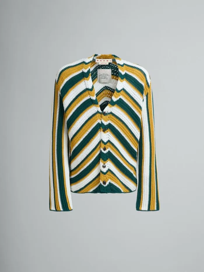 Men Marni Knitwear Teal And Yellow Crochet Cardigan With Chevron Pattern